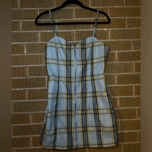 NWT Bodycon Mini Dress Blue/Yellow Plaid Forever 21 Adjustable Straps Zip - Picture 1 of 5